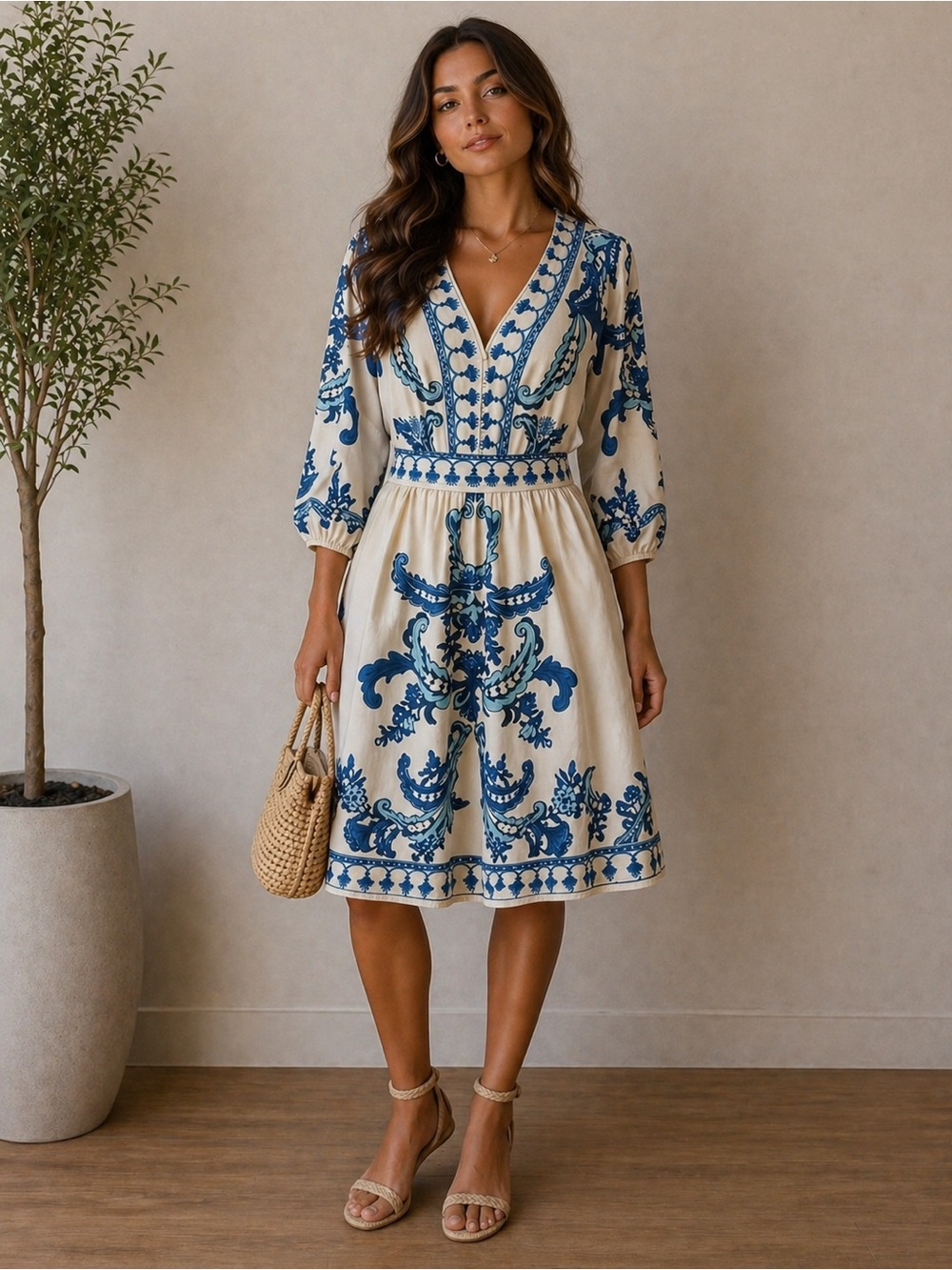 Cupshe Cream and Blue Patterned Dress
